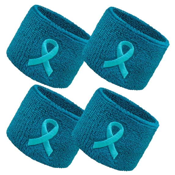 COUVER 2.5 Inch Embroidered Liver Cancer Awareness Ribbon Teal Wristbands 2 Pairs (Unisex)