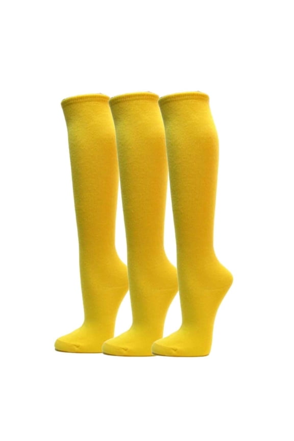 Womens Plain Striped Cotton Knee High Socks Bright Yellow Medium 3 Pairs
