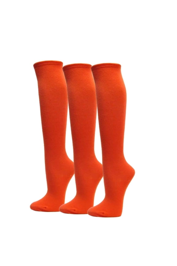 Womens Plain Striped Cotton Knee High Socks Dark Orange Medium 3 Pairs