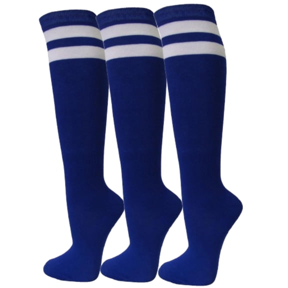 COUVER Womens Plain Striped Cotton Knee High Socks Blue Medium 3 Pairs