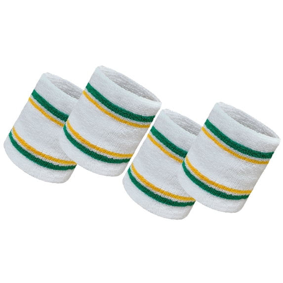 COUVER 4 Inch Striped Terry Cotton Athletic Sweat Wristbands White Green Golden Yellow 2 Pairs (Mens)