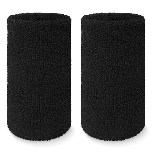 COUVER 6 inch Extra Long Thick Sports Wristband / Sweatband, BLACK (2 Piece)