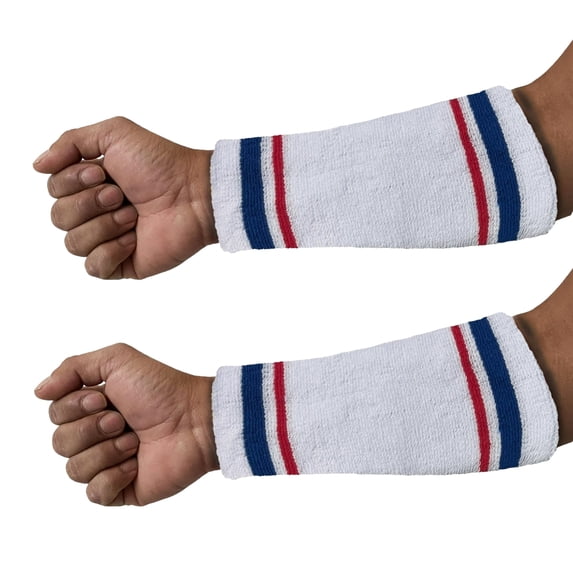 COUVER 9 Inch Extra Long Thick Striped Athletic Wristbands White Blue Red 1 Pair (Unisex)