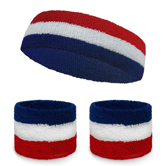 COUVER Athletic Sports Sweatbands Set (Headband & 2pcs Wristbands), Blue / White / Red, One Size