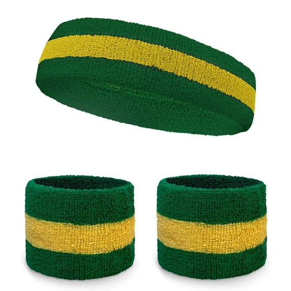 COUVER Athletic Sports Sweatbands Set (Headband & 2pcs Wristbands), Green / Yellow, One Size