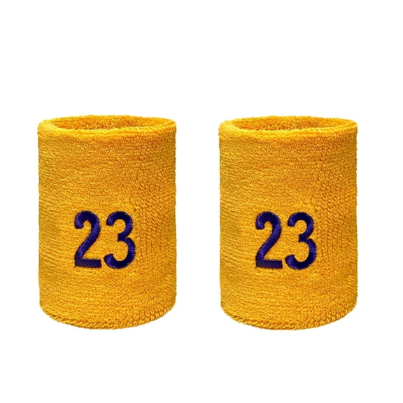 COUVER Basketball Star Golden Yellow Wristband with Laker Purple Number 23, 4 Inch, 1 Pair