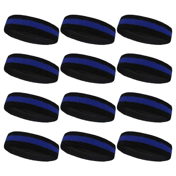 COUVER Black Striped Terry Cloth 2 Colors Sweat Headbands, 12PCS Bulk Set, Black/Blue/Black