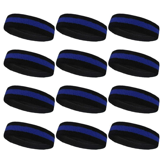 COUVER Black Striped Terry Cloth 2 Colors Sweat Headbands, 12PCS Bulk Set, Black/Blue/Black