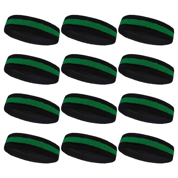 COUVER Black Striped Terry Cloth 2 Colors Sweat Headbands, 12PCS Bulk Set, Black/Green/Black