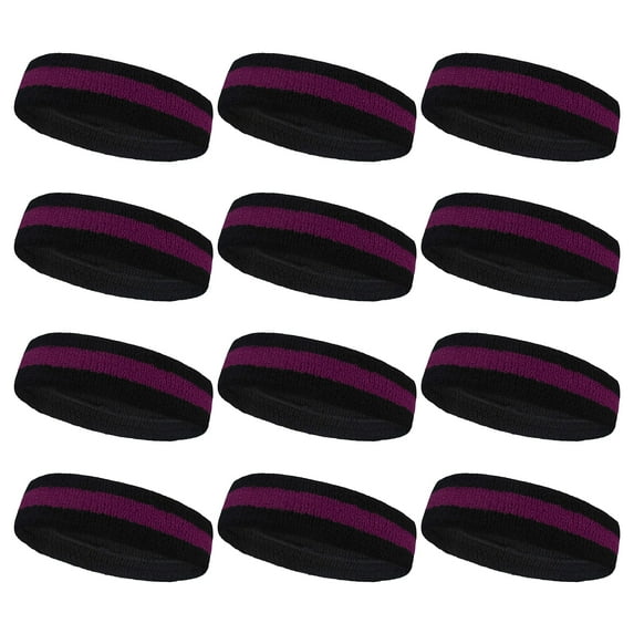 COUVER Black Striped Terry Cloth 2 Colors Sweat Headbands, 12PCS Bulk Set, Black/Purple/Black