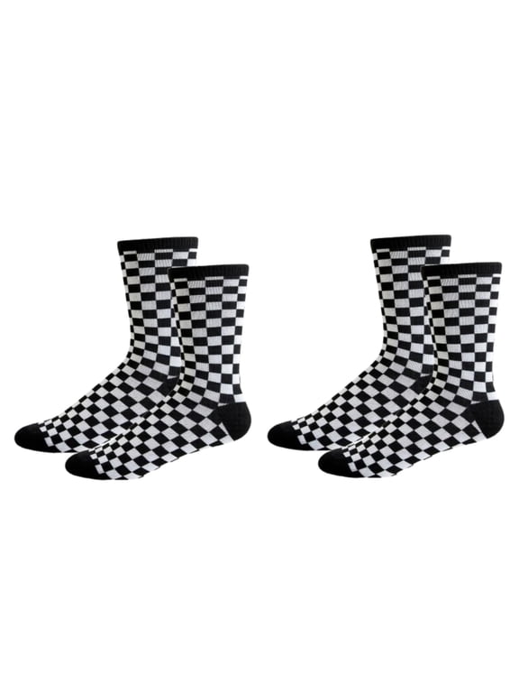 Black and White Cotton Checkered Mid Calf Crew Socks 2 Pack Women's