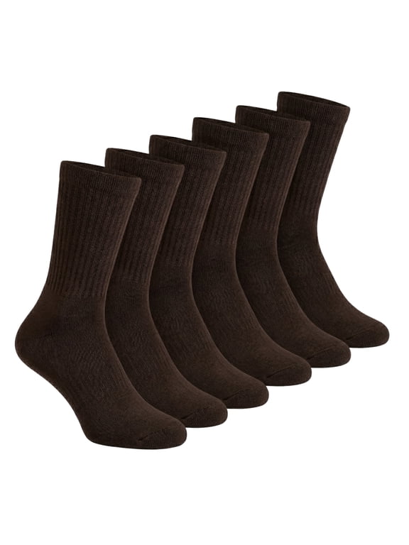 Cotton Non-Binding Crew Socks, Cushion Sole 6 Pack, Solid Dark Brown, Size 10-13