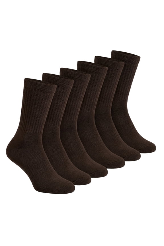 Cotton Non-Binding Crew Socks, Cushion Sole 6 Pack, Solid Dark Brown, Size 9-11