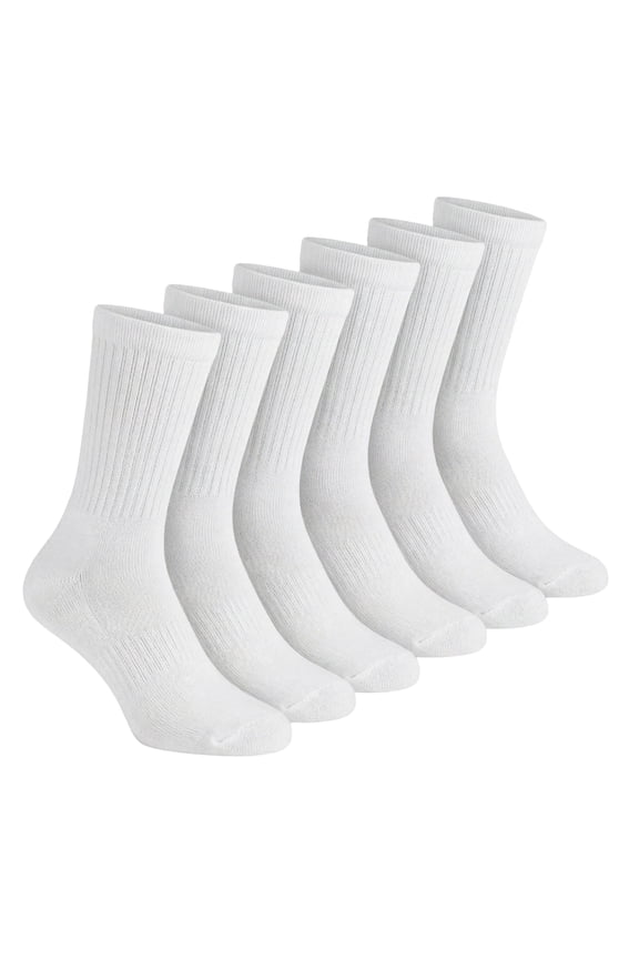 Cotton Non-Binding Crew Socks, Cushion Sole 6 Pack, Solid White, Size 9-11