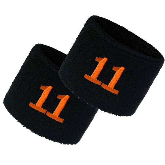 COUVER Embroidered Orange Number 11 Black Terry Cotton Athletic Wristbands 1 Pair (Mens)