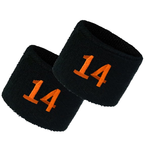 COUVER Embroidered Orange Number 14 Black Terry Cotton Athletic Wristbands 1 Pair (Mens)