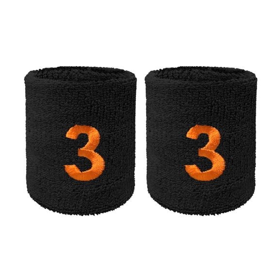 COUVER Embroidered Orange Number 3 Black Terry Cotton Athletic Wristbands 1 Pair (Mens)