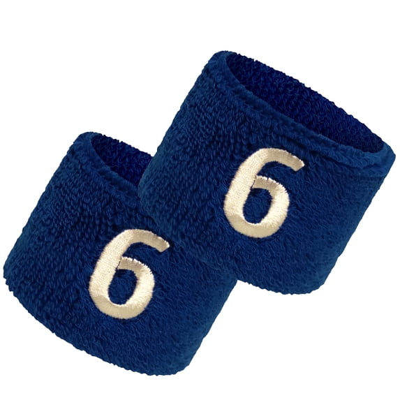 COUVER Embroidered White Number 6 Blue Terry Cotton Athletic Wristbands 1 Pair (Mens)