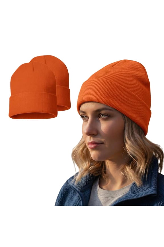 Everyday Soft Knit Beanie 2-Pack, Classic Warm Winter Hat, 12 inch Cuffed, Blaze Orange