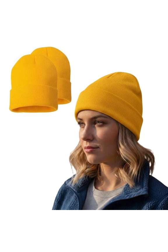 Everyday Soft Knit Beanie 2-Pack, Classic Warm Winter Hat, 12 inch Cuffed, Gold Yellow