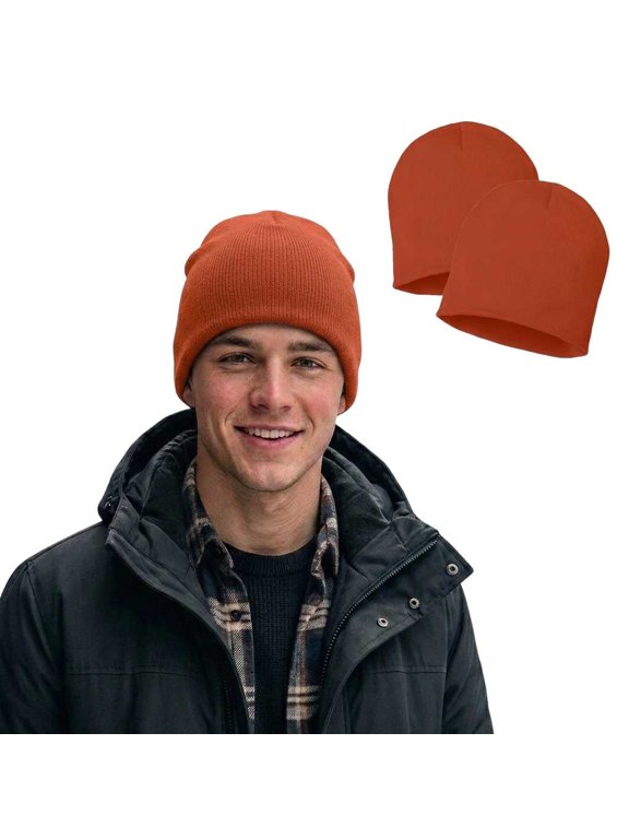 Everyday Soft Knit Beanie 2-Pack, Classic Warm Winter Hat, 8 inch Skull Cap, Orange
