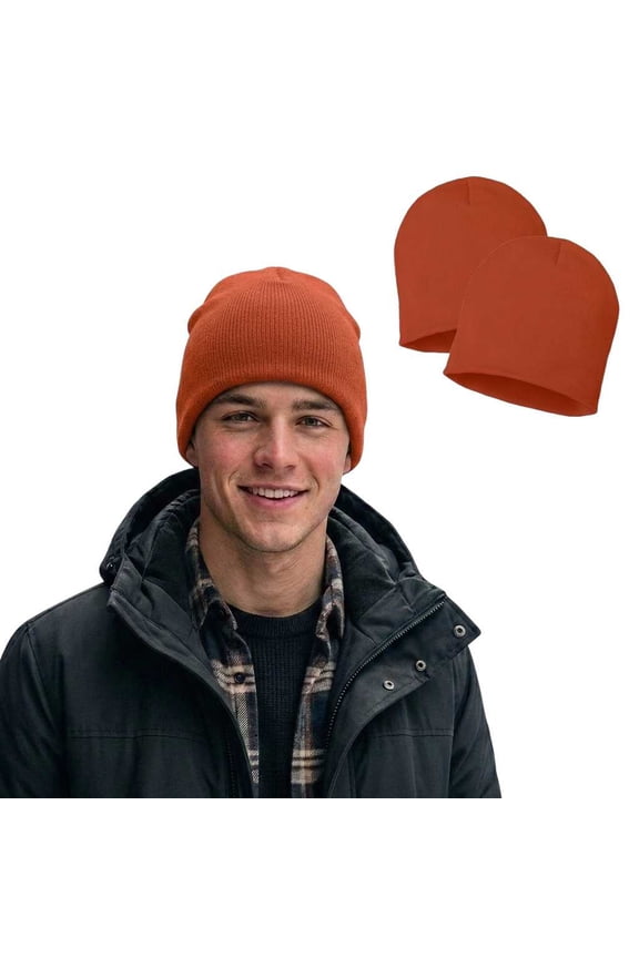 Everyday Soft Knit Beanie 2-Pack, Classic Warm Winter Hat, 8 inch Skull Cap, Orange