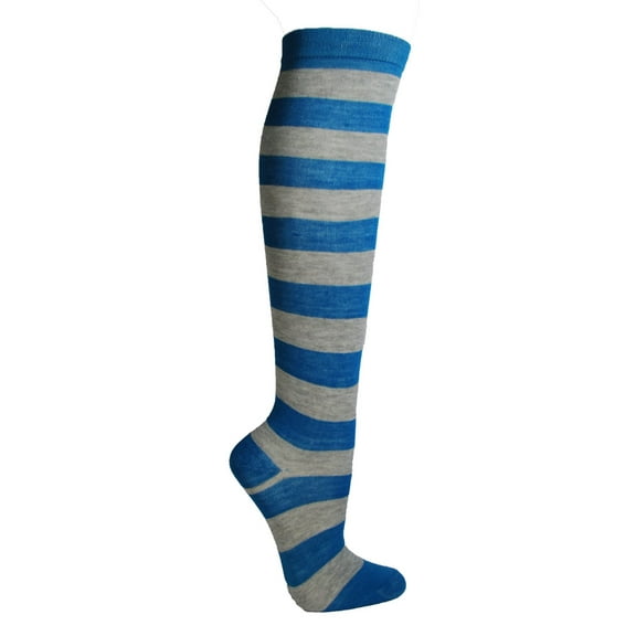 COUVER Women 1" Stripe Fashion Costume Knee High Socks, Bright Blue / Light Gray, 1 Pair, 9-11