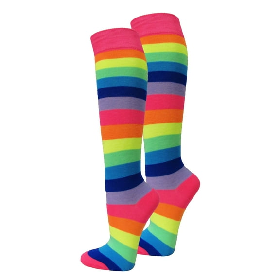 COUVER Women 1" Stripe Fashion Costume Knee High Socks, Neon Hot Pink / Rainbow, 9-11, 1 Pair