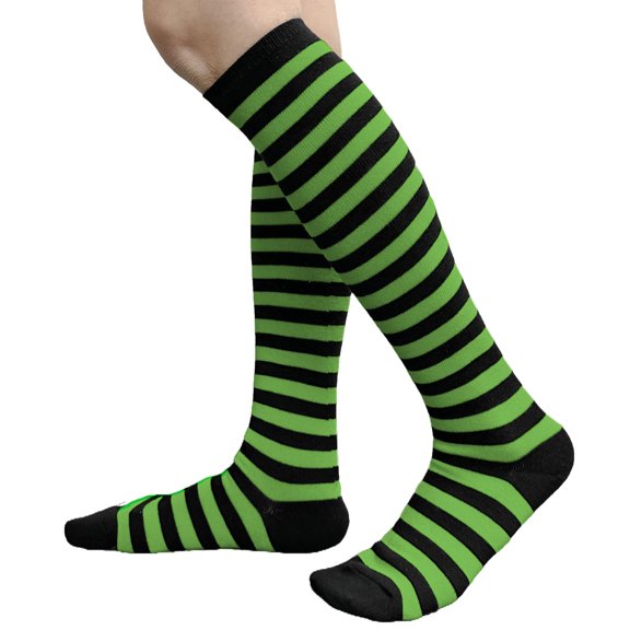COUVER Women 0.5" Stripe Fashion Costume Knee High Socks, Black / Bright Green, 1 Pair, 9-11