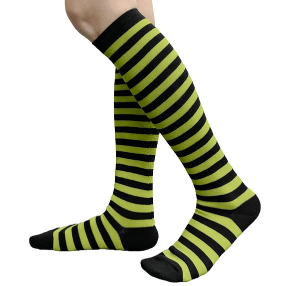 COUVER Women 0.5" Stripe Fashion Costume Knee High Socks, Black / Lime Green, 1 Pair, 9-11