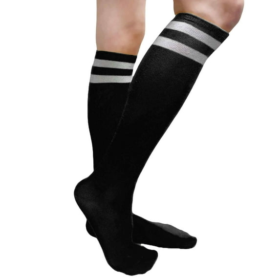 COUVER Women's Cotton 2 Striped Knee High Fashion Tube Socks, Black / White, 1 Pair