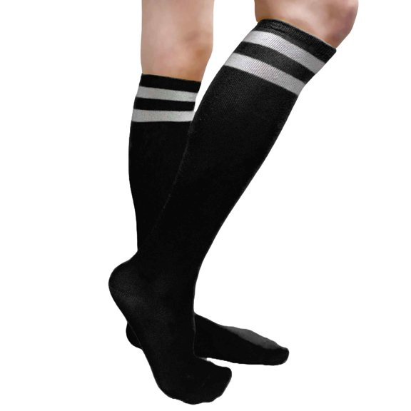 COUVER Women's Cotton 2 Striped Knee High Fashion Tube Socks, Black / White, 1 Pair