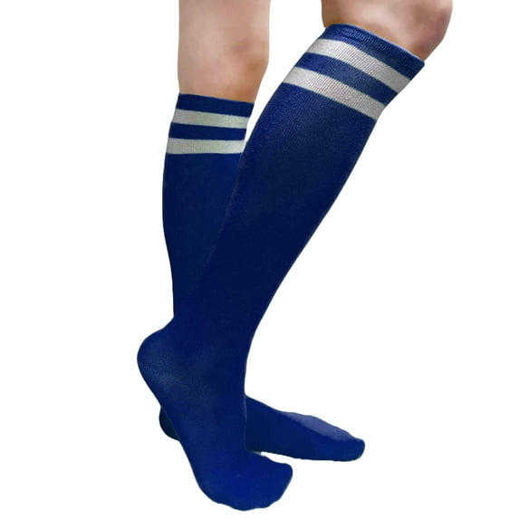 COUVER Women's Cotton 2 Striped Knee High Fashion Tube Tube Socks, Blue / White, 1 Pair