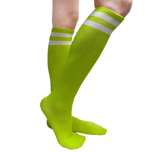 COUVER Women's Cotton 2 Striped Knee High Fashion Tube Socks, Bright Lime Green / White, 1 Pair
