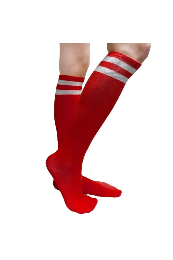 Women's Cotton 2 Striped Knee High Fashion Tube Socks, Red / White, 1 Pair