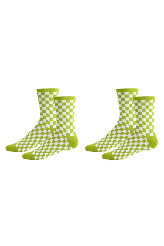 Lime and White Cotton Checkered Mid Calf Crew Socks 2 Pack Women's
