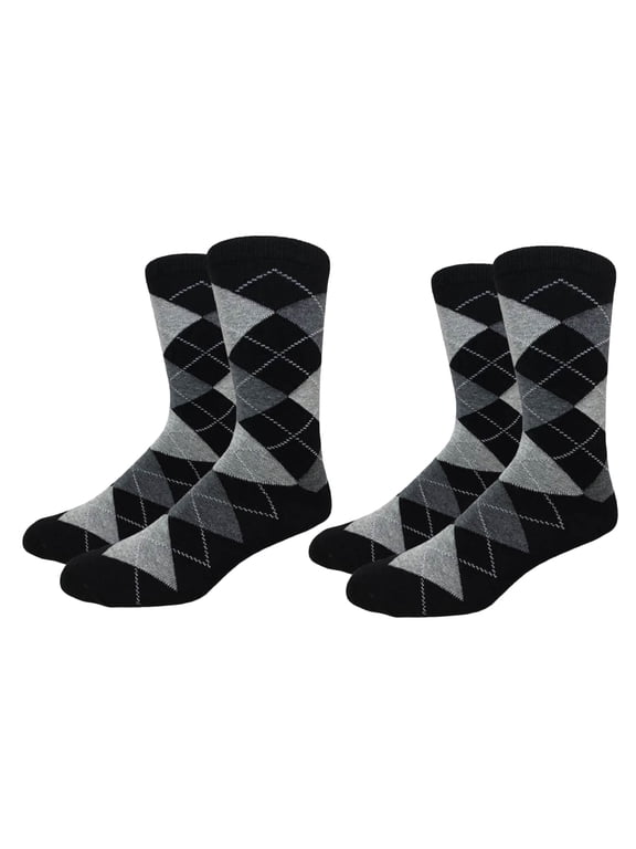 Mens Cotton Argyle Crew Dress Socks Black Gray White 2 Pairs Size 8-13 (Mens)