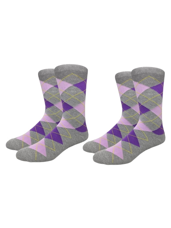 Mens Cotton Argyle Crew Dress Socks Gray Pink Navy 2 Pairs Size 8-13 (Mens)