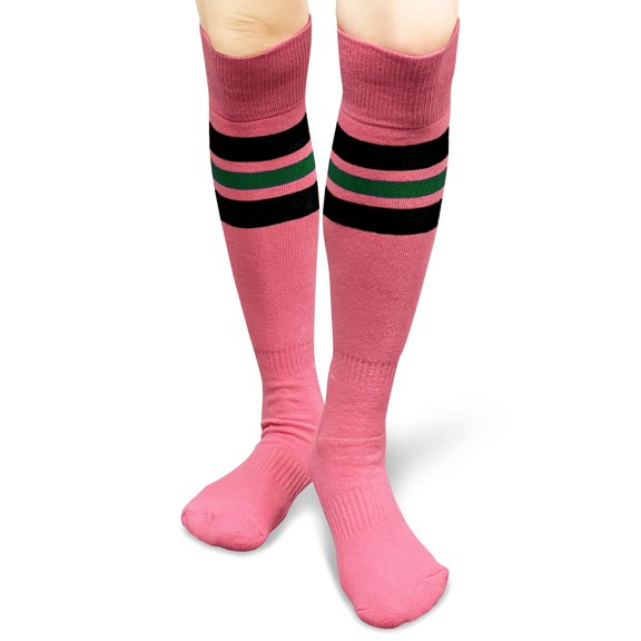 COUVER Pink Breast Cancer Awareness Sports Knee Socks, Striped, Bright Pink/Black/Dark Green, Medium, 1 Pair