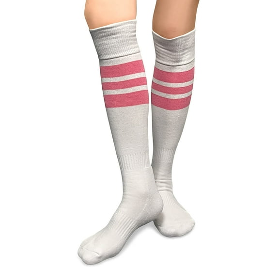 COUVER Pink Breast Cancer Awareness Sports Knee Socks, Striped, White / Pink, Medium, 1 Pair