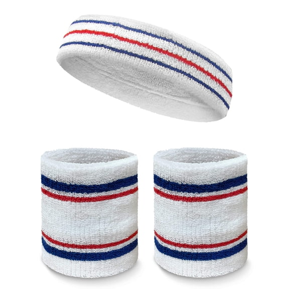 COUVER Premium Tennis Style Standard Size Sweatband Headband Wristbands Set - White / Blue / Red lines