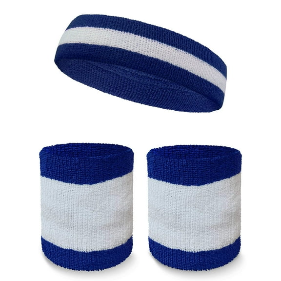 COUVER Premium Tennis Style Standard Size Sweatband Headband Wristbands Set - White / Blue