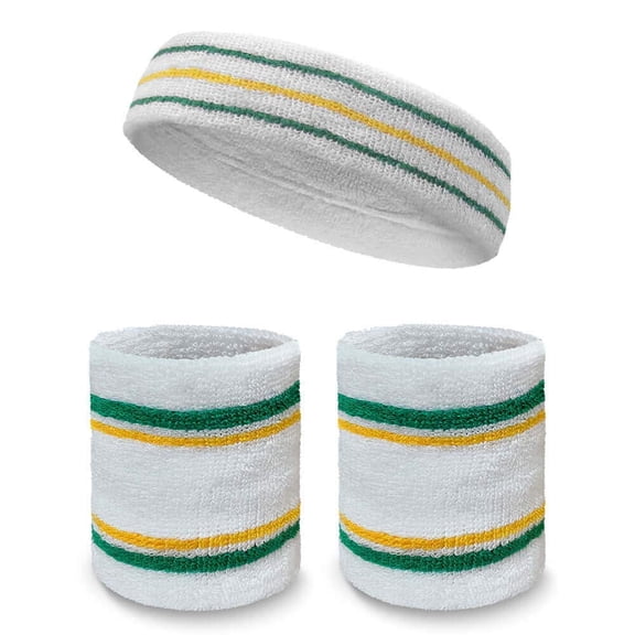 COUVER Premium Tennis Style Standard Size Sweatband Headband Wristbands Set - White / Green / Golden Yellow