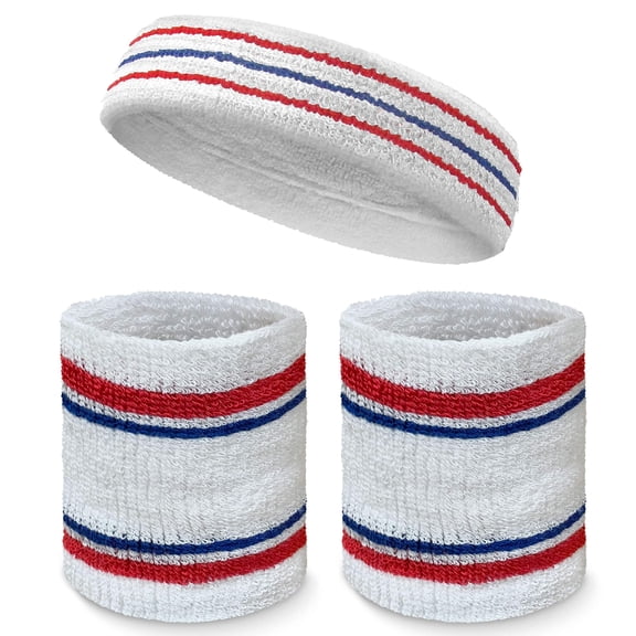 COUVER Premium Tennis Style Standard Size Sweatband Headband Wristbands Set - White / Red / Blue lines