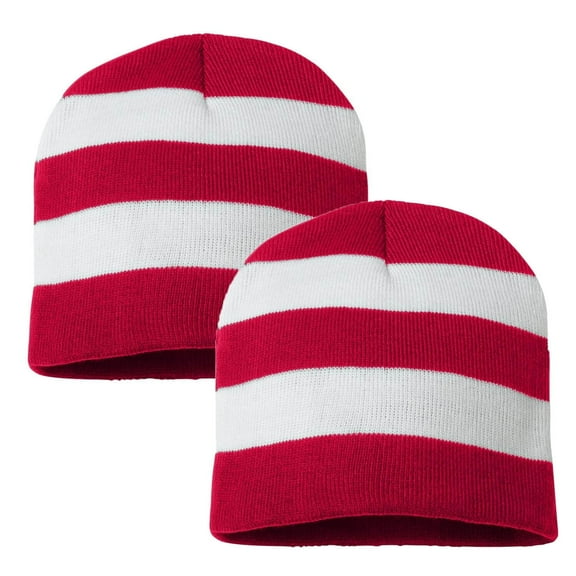 COUVER Red White Striped Beanie Hat 8 inch for Costume or Winter, 2PCs Set
