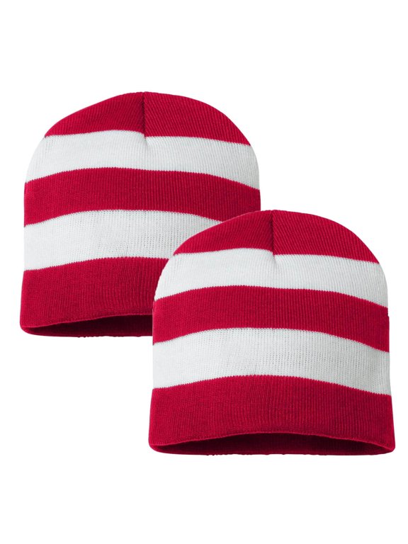 Red White Striped Beanie Hat 8 inch for Costume or Winter, 2PCs Set
