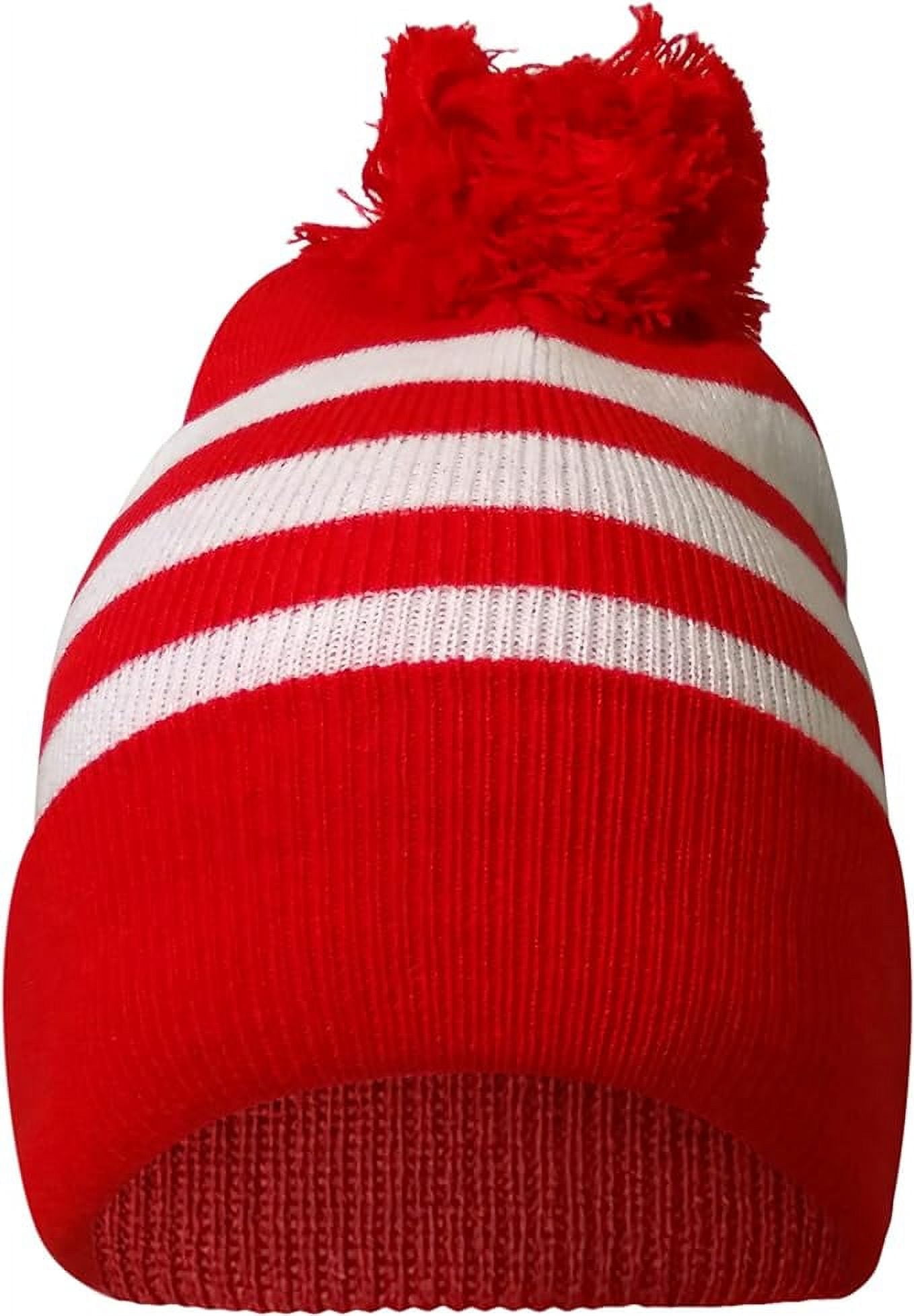 COUVER Red White Striped Pom Pom Cuff Beanie Hat 12 for Costume or Winter 1PC