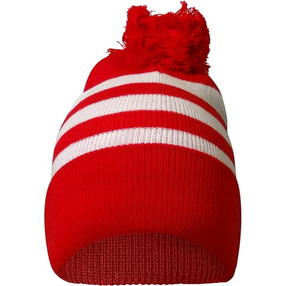COUVER Red White Striped Pom Pom Cuff Beanie Hat 12" for Costume or Winter, 1PC