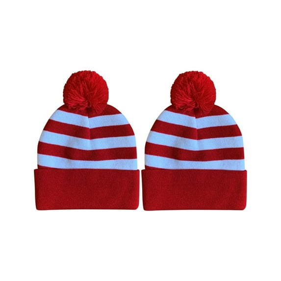 COUVER Red White Striped Pom Pom Pom Cuff Beanie Hat 12" for Costume or Winter, 2PCs