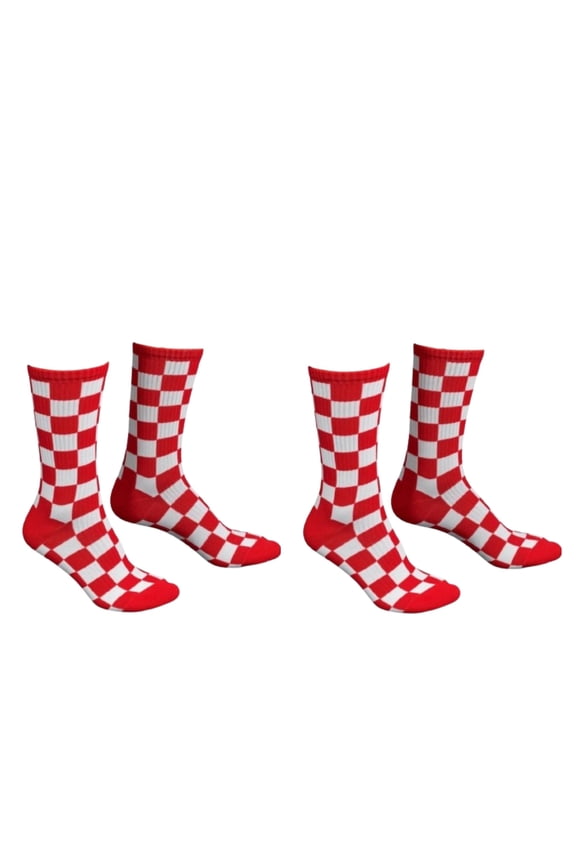 Red and White Cotton Checkered Mid Calf Crew Socks 2 Pack Women's